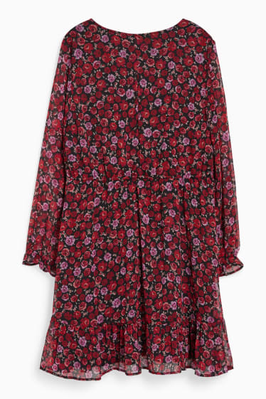 Nastolatki - CLOCKHOUSE - sukienka z szyfonu - w kwiatki - czerwony / czarny