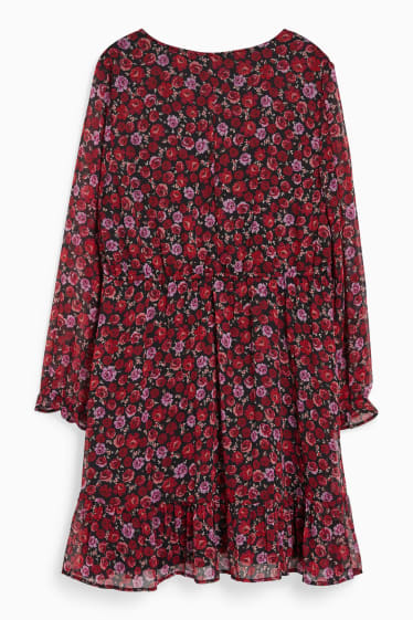 Dames - CLOCKHOUSE - jurk van chiffon - gebloemd - rood / zwart