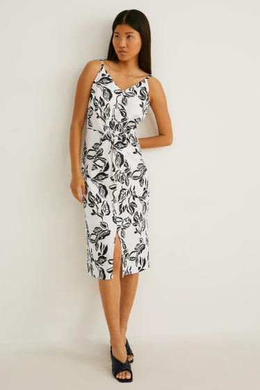 Damen - Kleid mit Knotendetail - Leinen-Mix - geblümt - schwarz / weiss