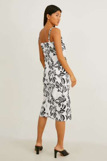 Damen - Kleid mit Knotendetail - Leinen-Mix - geblümt - schwarz / weiß