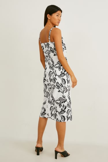 Mujer - Vestido con nudo - mezcla de lino - de flores - negro / blanco