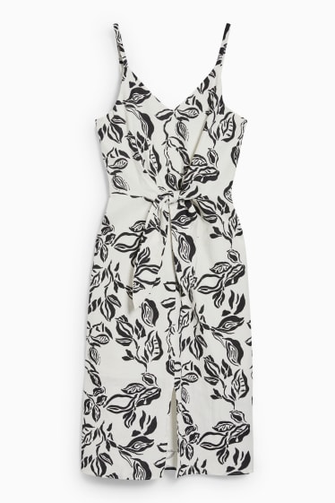 Dámské - Šaty s detailem uzlu - lněná směs - s květinovým vzorem - černá/bílá