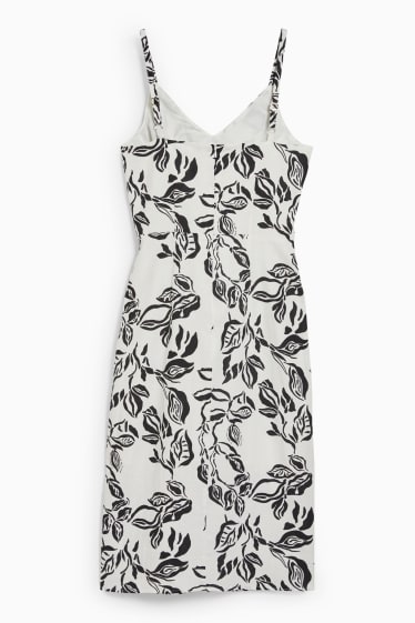 Dámské - Šaty s detailem uzlu - lněná směs - s květinovým vzorem - černá/bílá