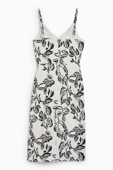 Damen - Kleid mit Knotendetail - Leinen-Mix - geblümt - schwarz / weiss
