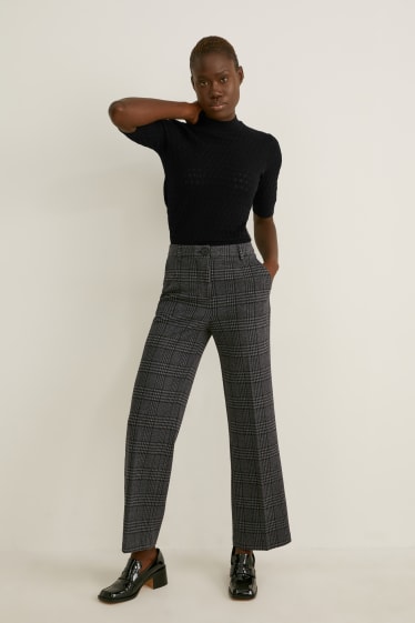 Dames - Pantalon - mid waist - wide leg - gerecyclede stof - geruit - grijs / zwart