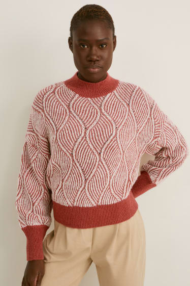 Damen - Pullover - gemustert - bordeaux / weiß