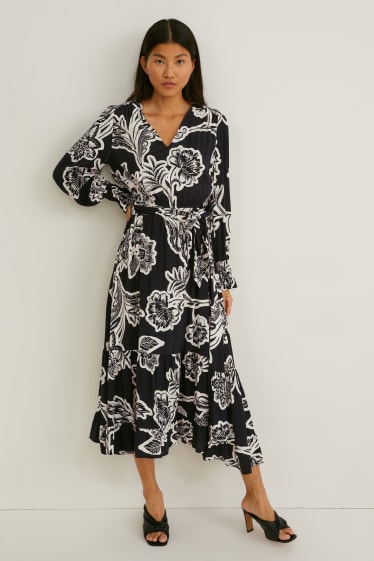 Women - Fit & flare dress - floral - black / white