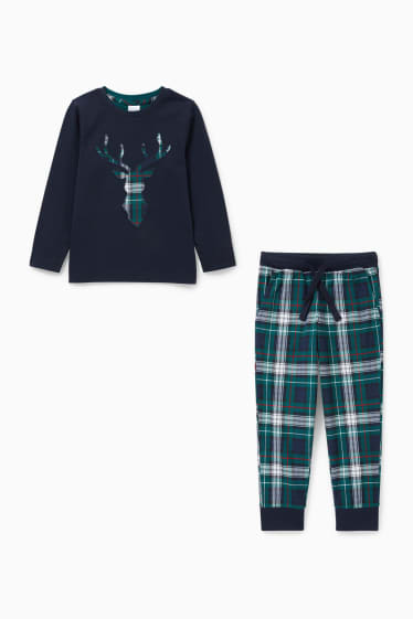 Kinder - Pyjama mit Flanellhose - 2 teilig - dunkelgrün / dunkelblau