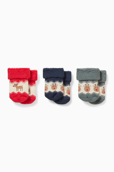 Babies - Multipack of 3 - Rudolph - baby Christmas socks with motif - red