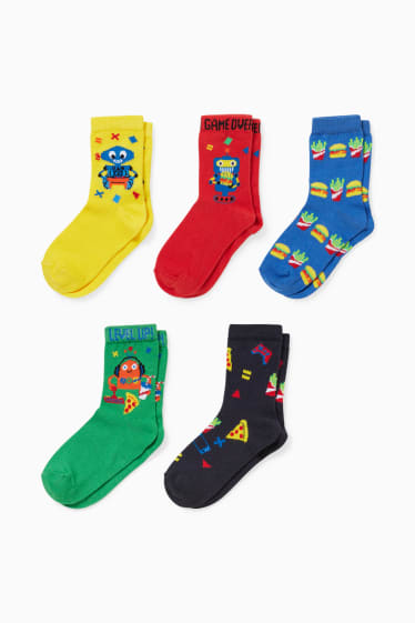 Children - Multipack of 5 - robot and fast food - socks with motif - red