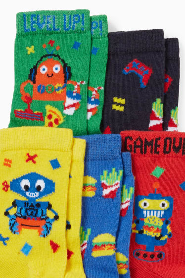 Children - Multipack of 5 - robot and fast food - socks with motif - red