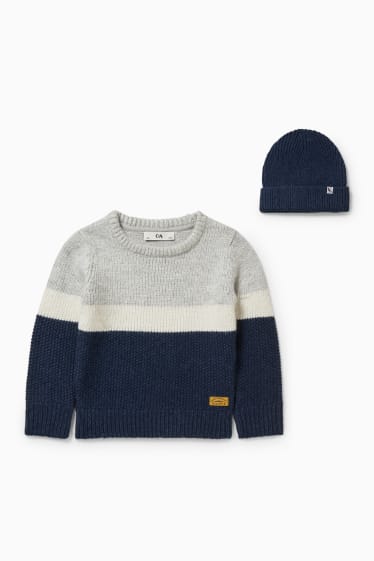 Enfants - Ensemble - pullover et bonnet en maille - 2 pièces - bleu foncé