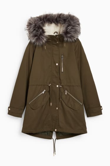 Women - CLOCKHOUSE - parka with hood and faux fur trim - winter - dark green