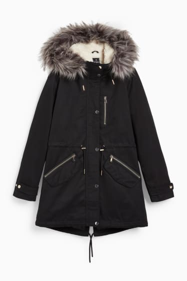 Women - CLOCKHOUSE - parka with hood and faux fur trim - winter - black