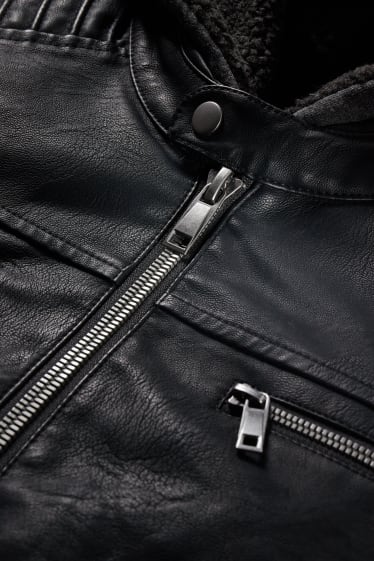 Pánské - CLOCKHOUSE - motorkářská bunda s kapucí - imitace kůže - černá