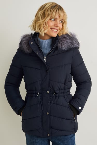Dames - Gewatteerde jas met capuchon en imitatiebontrandje - donkerblauw