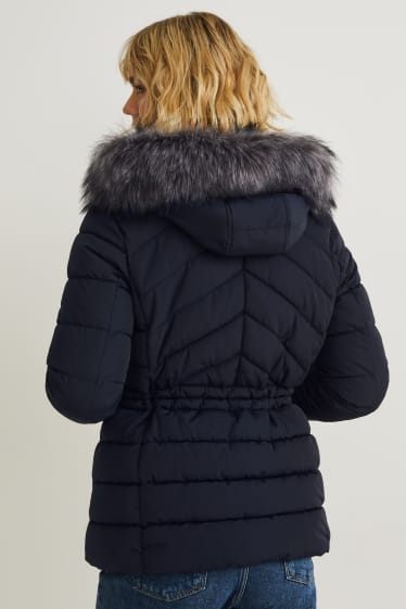 Dames - Gewatteerde jas met capuchon en imitatiebontrandje - donkerblauw