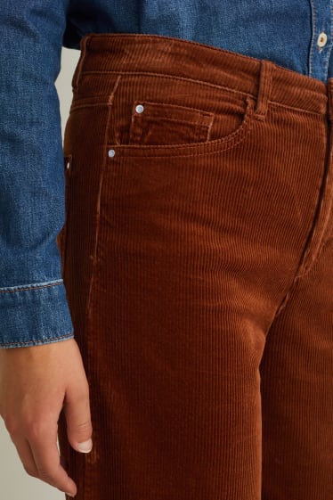Dames - Broek van corduroy - high waist - wide leg - donkerbruin