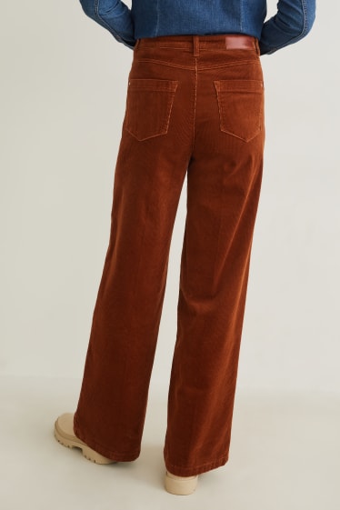 Dames - Broek van corduroy - high waist - wide leg - donkerbruin