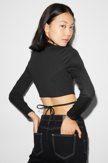 Femei - Tricou crop cu mânecă lungă - negru