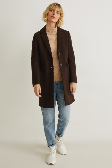 Women - Coat with shoulder pads - wool blend - dark brown