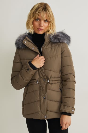 Women - Quilted jacket with hood and faux fur trim - dark green