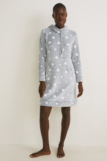Dámské - Fleecové tričko na spaní s kapucí - se vzorem - světle šedá
