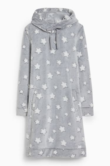 Women - Fleece nightshirt with hood - patterned - light gray