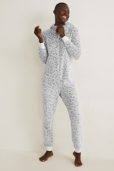 Dámské - Fleecové overalové pyžamo - se vzorem - bílá/šedá