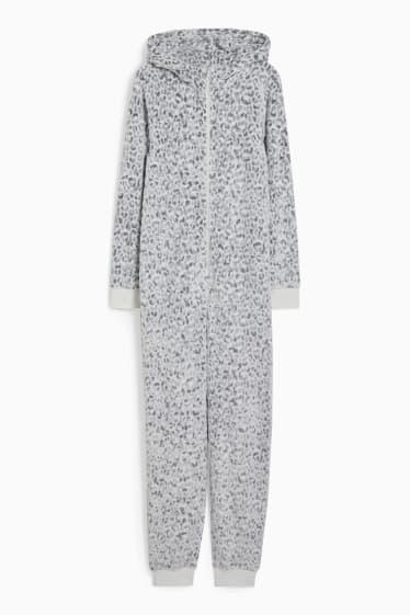 Damen - Fleece-Jumpsuit-Pyjama - gemustert - weiß / grau