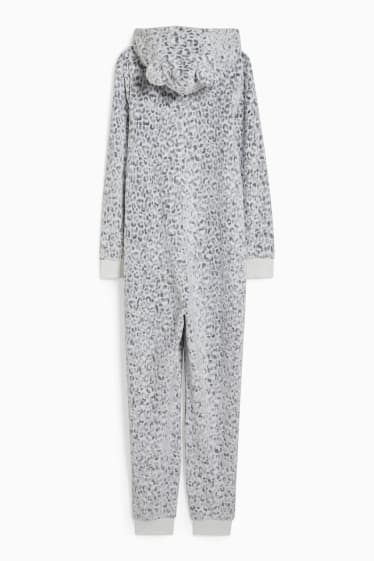 Damen - Fleece-Jumpsuit-Pyjama - gemustert - weiss / grau