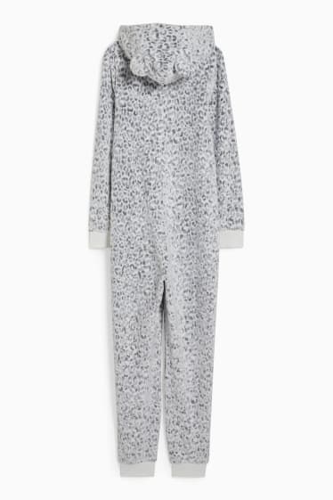 Damen - Fleece-Jumpsuit-Pyjama - gemustert - weiß / grau