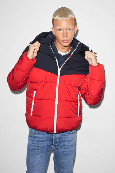 Men - CLOCKHOUSE - quilted jacket with hood - red / dark blue