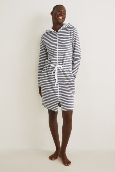 Women - Terry cloth bathrobe with hood - striped - white / gray