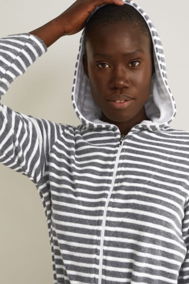Women - Terry cloth bathrobe with hood - striped - white / gray