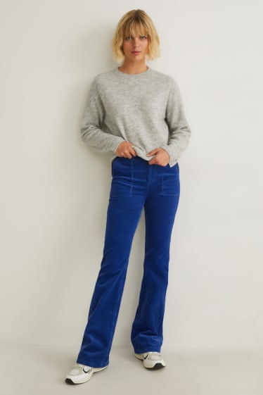 Dames - Broek van corduroy - high waist - wide flare - blauw