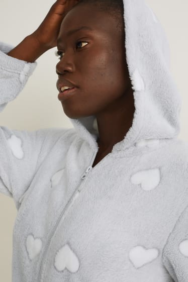 Women - Fleece bathrobe with hood - patterned - light gray-melange