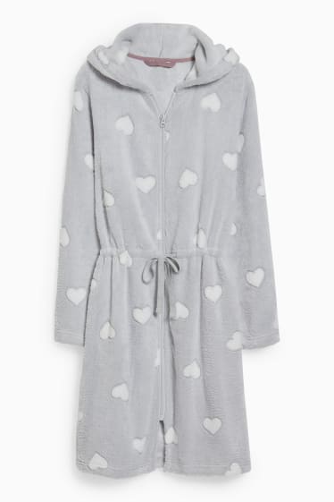 Women - Fleece bathrobe with hood - patterned - light gray-melange