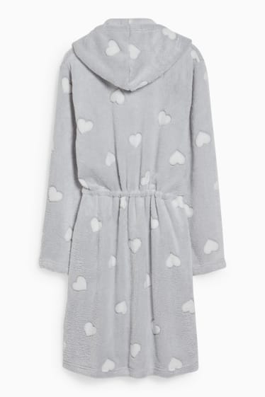 Women - Fleece bathrobe with hood - patterned - light gray-melange