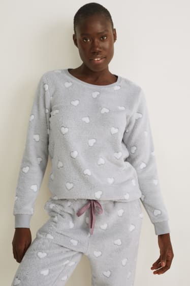 Damen - Fleece-Pyjama-Oberteil - gemustert - hellgrau-melange