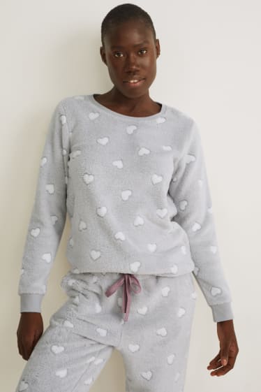 Dames - Pyjamashirt van fleece - met patroon - licht grijs-mix