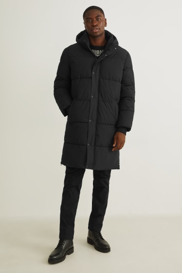 Men - Quilted coat with hood  - black