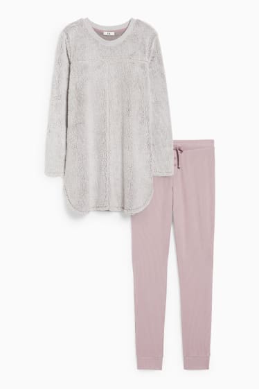 Damen - Fleece-Pyjama - grau-melange