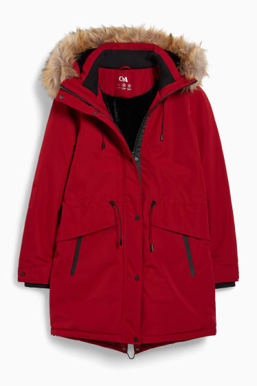 Dames - Parka met capuchon en imitatiebontrandje - winter - rood