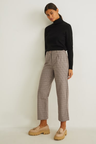 Women - Cloth trousers - high waist - regular fit - check - light brown