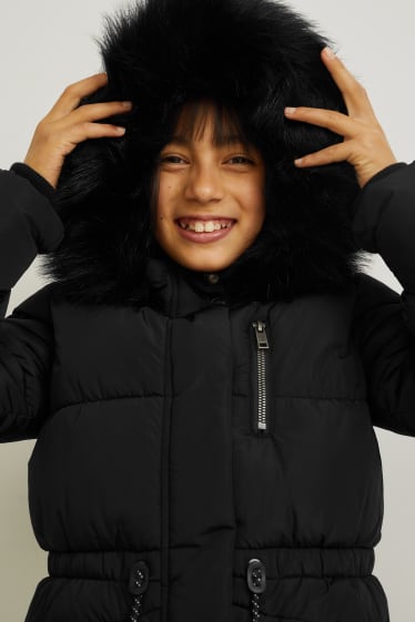 Kinderen - Gewatteerde jas met capuchon en imitatiebontrandje  - zwart