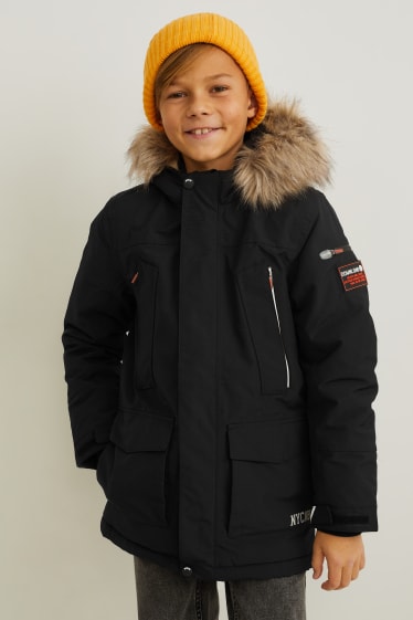 Kinder - Jacke mit Kapuze und Kunstfellbesatz - schwarz