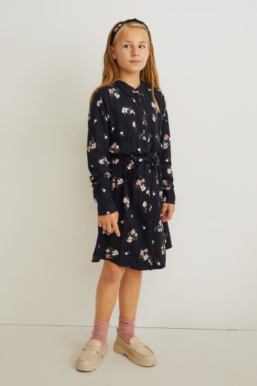 Enfants - Ensemble - robe et bandeau cheveux - 2 pièces - à fleurs - noir