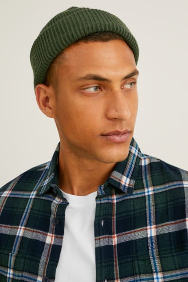 Men - Flannel shirt - regular fit - Kent collar - check - dark green / cremewhite