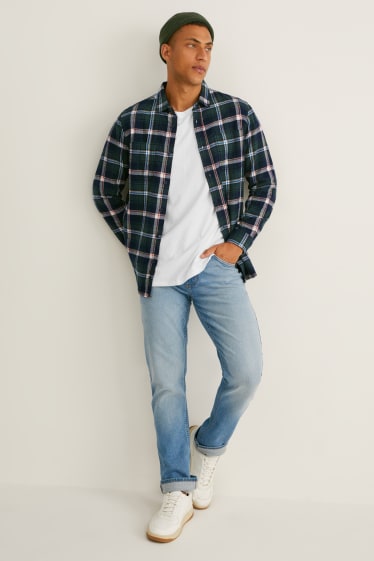 Men - Flannel shirt - regular fit - Kent collar - check - dark green / cremewhite